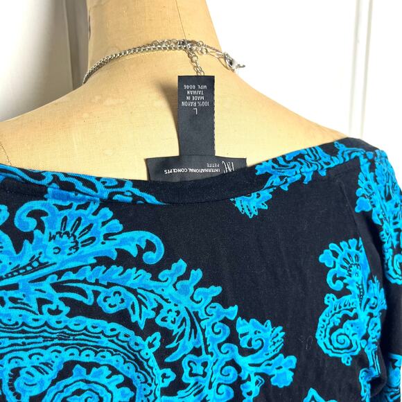 Inc short sleeve black and blue paisley print top with high cowl neckline - Picture 4 of 6